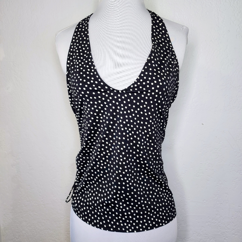 Lands' End Black White Polka Dot Tankini Top Sz 8, V Neck Halter w Side Ruching